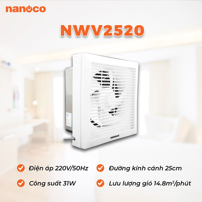 Quạt hút gắn tường 1 chiều Nanoco NWV2520 - Giải pháp thông thoáng cho nhà bạn